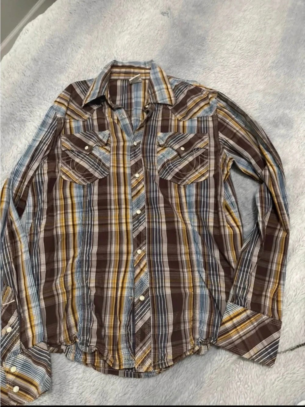 Original True Religion Men's Brown Plaid Button-Up Shirt with Yellow & Blue Stri